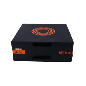 The Jordan JORDAN Soft Plyo Boxes are stackable foam plyometric training platforms in black, available in 7.5cm to 60cm heights with colored labels—ideal for fitness exercises and plyometric workouts.