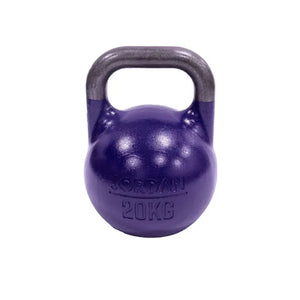 A pink 8kg JORDAN Competition Steel Kettlebell, BSI approved and colour-coded with a black handle and "JORDAN" plus "8KG" embossed on the front, isolated on a white background.