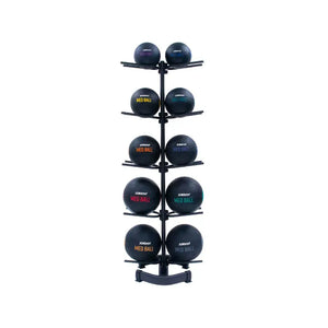 The Jordan Medicine/Slam Ball Storage Rack holds up to 10 balls, featuring a black metal vertical design with angled arms on each side and a sturdy base, ideal for organised storage in home or gym settings.