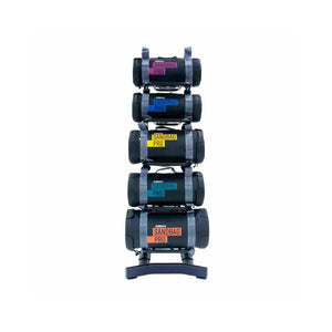 The Jordan JORDAN Sandbag Storage Rack – 5-Slot Heavy-Duty Organiser is a black vertical gym rack with five horizontal pegs for weight plates and sandbags, standing on a sturdy wide base—ideal for efficient fitness space management.