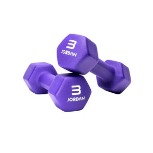 Two black JORDAN Neoprene Studio Dumbbells, each labeled "10 JORDAN" in white, rest on a white surface—stylish, colour-coded hex weights from Jordan for any home or studio gym setup.