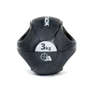 Attack Fitness Double Grip Medicine Ball (3kg) in black features two large side handles, a textured surface, white text, and target graphic—ideal for functional fitness, core strength, and power training.