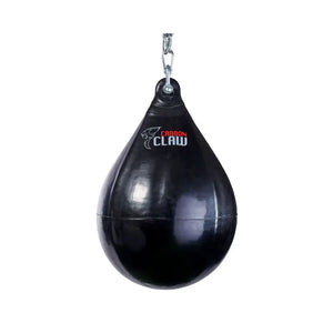 The Carbon Claw Aero AX5 Series Water Bag (15", 30kg) is a black, teardrop-shaped bag made from marine-grade PVC with a metal hook and the Carbon Claw logo, perfect for realistic body punch training.