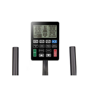 Digital exercise machine display with buttons for start, enter, target time, target calories, target distance, interval, and stop/reset, along with two black handles visible on either side.