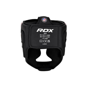 Black RDX boxing headgear shown from the front on a plain white background.