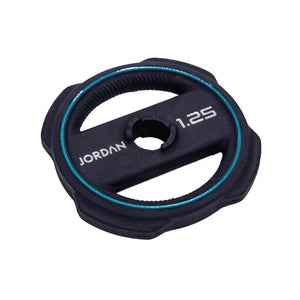 The JORDAN Ignite Pump X™ Rubber Studio Set by Jordan features a black barbell with round, color-rimmed, textured grip plates labeled with their weights, all set against a white background. Sleek design. Studio ready.