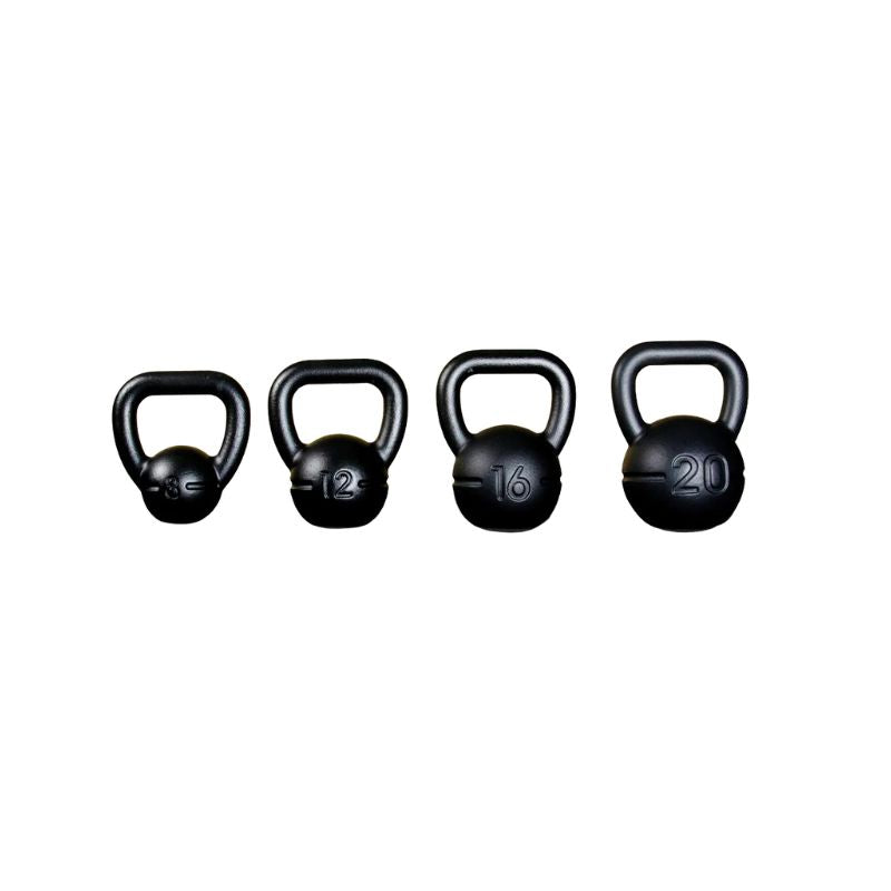 The image shows a black JORDAN UK-Made Cast Iron Kettlebell, hand-cast in Great Britain, featuring a large handle and numbers embossed on the front to indicate it's weight. The kettlebell is set against a plain white background.