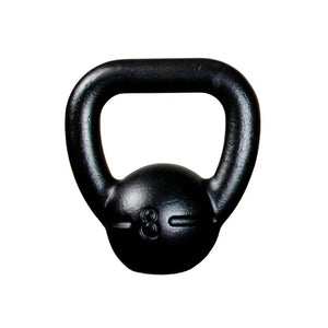 The image shows a black JORDAN UK-Made Cast Iron Kettlebell, hand-cast in Great Britain, featuring a large handle and "8" embossed on the front to indicate its 8kg weight. The kettlebell is set against a plain white background.