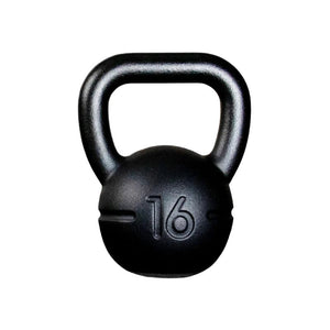 The image shows a black JORDAN UK-Made Cast Iron Kettlebell, hand-cast in Great Britain, featuring a large handle and "16" embossed on the front to indicate its 16kg weight. The kettlebell is set against a plain white background.