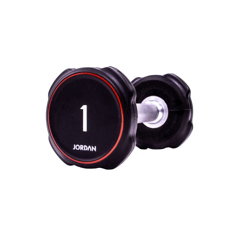 A single black JORDAN Ignite Urethane Dumbbell (1kg) with a silver handle and anti-roll design, branded "Jordan" on the round end, is shown against a white background, highlighting its commercial-grade quality.