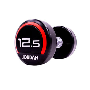 The JORDAN Premium Urethane Dumbbell, a commercial grade black dumbbell with red accents and a white "10" and "Jordan" logo on the end, is ideal for strength training and shown on a white background.