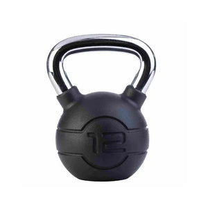 The Jordan Chrome/Rubber Kettlebells – 4kg to 24kg set features a black kettlebell with a chrome handle and "24" embossed on the front. Its durable rubber coating offers added protection, making it ideal for kettlebell enthusiasts. Plain white background.