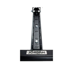 The JORDAN Adjustable Multi-Purpose Weight Bench by Jordan is shown inclined on a white background, featuring a padded backrest and seat, sturdy metal legs, and visible adjustment mechanisms for versatile workouts. Made in the UK.