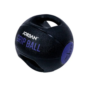 The JORDAN Double-Grip Medicine Ball by Jordan features two handles, black color with red accents, labeled GRIP BALL and 10 KG—ideal for functional training, core conditioning, strength training, and fitness exercises.