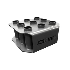 The JORDAN Olympic Bar Holder by Jordan is a black, rectangular rack with nine vertical slots for organizing Olympic bars upright, featuring the brand name cut out on the side.