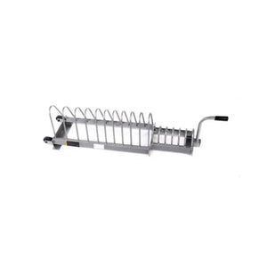 The MYO Strength 16 Slot Olympic Plate Storage Rack is a metal, wheeled plate tree with curved wire dividers and a handle, designed to hold up to 250kg of plates for easy storage and transport.