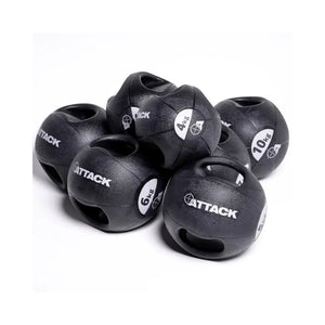 Attack Fitness Double Grip Medicine Ball (3kg) in black features two large side handles, a textured surface, white text, and target graphic—ideal for functional fitness, core strength, and power training.