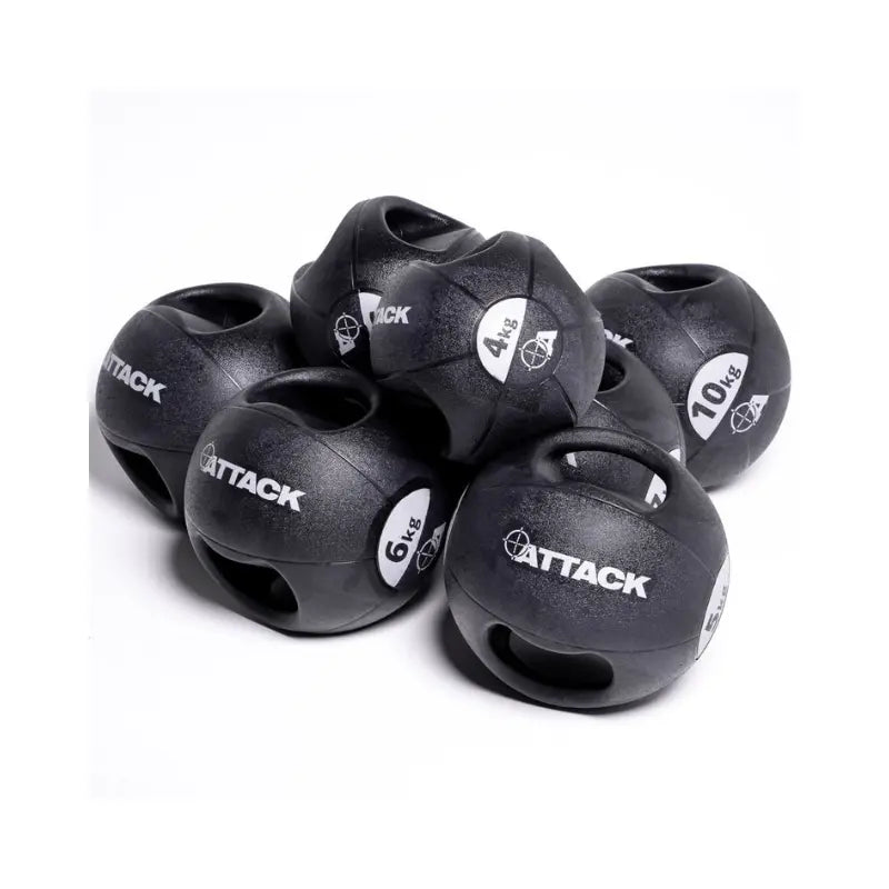 Attack Fitness Double Grip Medicine Ball (3kg) in black features two large side handles, a textured surface, white text, and target graphic—ideal for functional fitness, core strength, and power training.