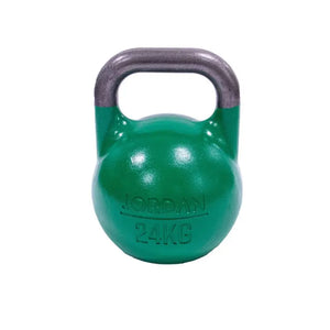 A pink 8kg JORDAN Competition Steel Kettlebell, BSI approved and colour-coded with a black handle and "JORDAN" plus "8KG" embossed on the front, isolated on a white background.