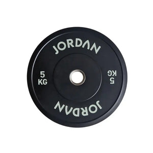 A 5kg JORDAN Rubber Bumper Plate, high-drop tested Olympic weight plate, black with “Jordan” in white lettering around the center hole, shown on a white background.
