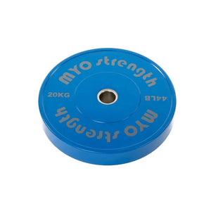A green MYO Strength Coloured Rubber Bumper Plate (10kg/22lb) with purple text and a metal center hole, part of the Olympic Standard colour-coded range (2.5kg–25kg) by MYO Strength.
