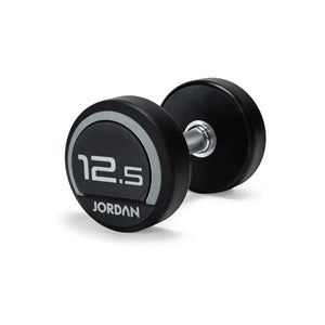 A black and silver Jordan Premium Urethane Dumbbell (commercial grade, 10kg) for strength training is shown on a white background, featuring the "Jordan" name and weight printed on the end.