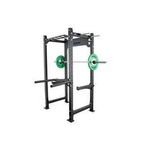 The JORDAN HELIX Fixed Power Rack by Jordan is a black metal rack with four uprights, multiple adjustment holes, a pull-up bar, sturdy rectangular frame, and J-Hooks—perfect for garage gyms or heavy-duty strength stations.