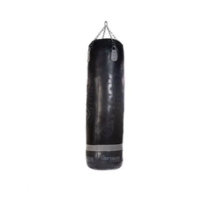 The Attack Fitness 5ft Heavy Duty Leather Punch Bag (70kg, Black/Graphite Grey) hangs from sturdy metal chains. Ideal for MMA and boxing training, it stands out against a plain white background with bold Attack Fitness branding.