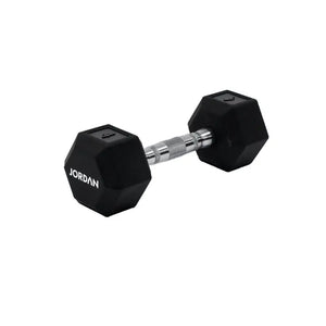 A single black JORDAN Urethane HEX Dumbbell with a silver handle rests on a white surface. Branded "Jordan," this durable, anti-roll weight offers versatile use and stability for lasting gym performance.