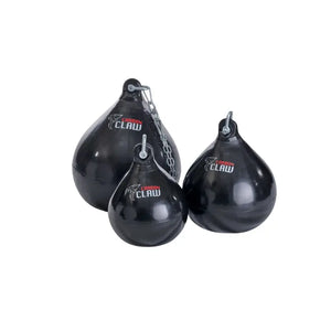 The Carbon Claw Aero AX5 Series Water Bag (15", 30kg) is a black, teardrop-shaped bag made from marine-grade PVC with a metal hook and the Carbon Claw logo, perfect for realistic body punch training.