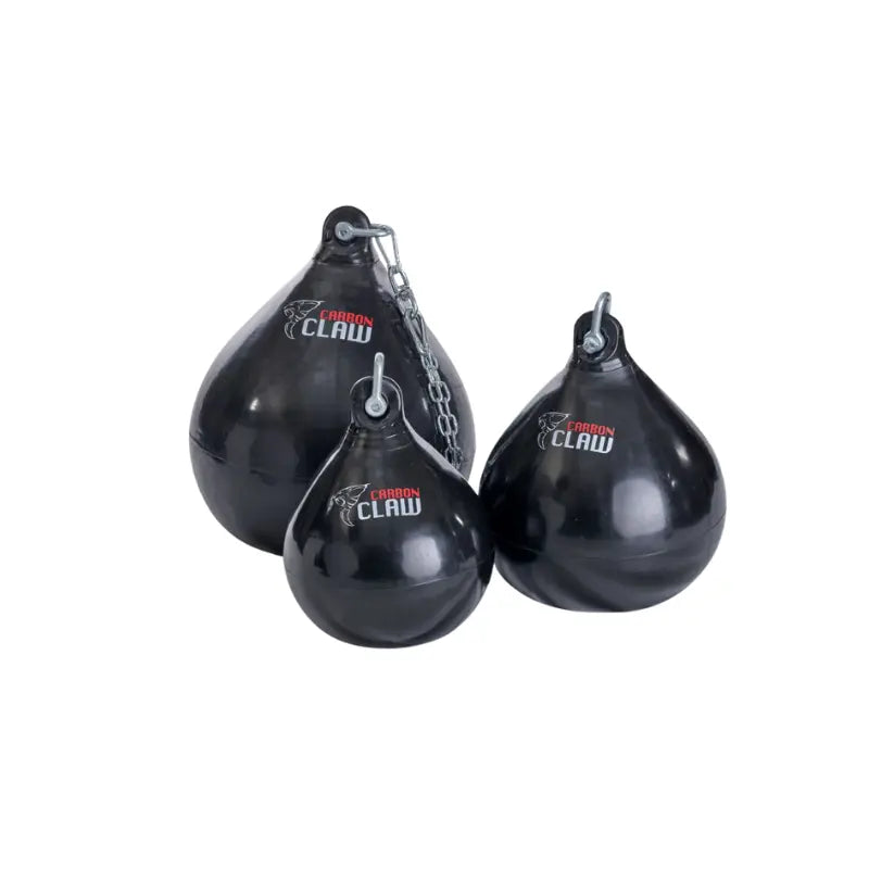 The Carbon Claw Aero AX5 Series Water Bag (15", 30kg) is a black, teardrop-shaped bag made from marine-grade PVC with a metal hook and the Carbon Claw logo, perfect for realistic body punch training.