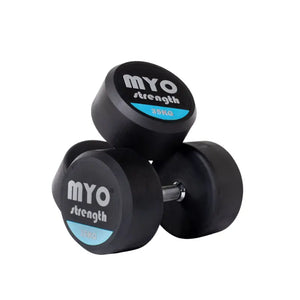 Two MYO Strength Rubber Dumbbells, each labeled 10 KG in black, white, and blue on the end, feature silver handles and a noise-reducing design. Durable and colour-coded, they are shown on a white background.