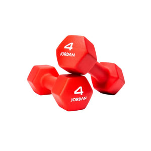 Two black JORDAN Neoprene Studio Dumbbells, each labeled "10 JORDAN" in white, rest on a white surface—stylish, colour-coded hex weights from Jordan for any home or studio gym setup.