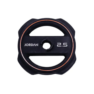 The JORDAN Ignite Pump X™ Rubber Studio Set by Jordan features a black barbell with round, color-rimmed, textured grip plates labeled with their weights, all set against a white background. Sleek design. Studio ready.