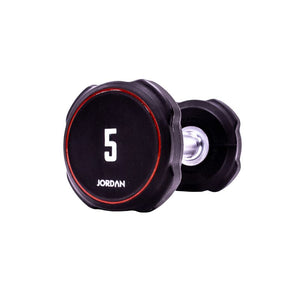 A single black JORDAN Ignite Urethane Dumbbell (1kg) with a silver handle and anti-roll design, branded "Jordan" on the round end, is shown against a white background, highlighting its commercial-grade quality.