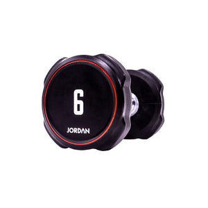 A single black JORDAN Ignite Urethane Dumbbell (1kg) with a silver handle and anti-roll design, branded "Jordan" on the round end, is shown against a white background, highlighting its commercial-grade quality.