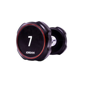 A single black JORDAN Ignite Urethane Dumbbell (1kg) with a silver handle and anti-roll design, branded "Jordan" on the round end, is shown against a white background, highlighting its commercial-grade quality.
