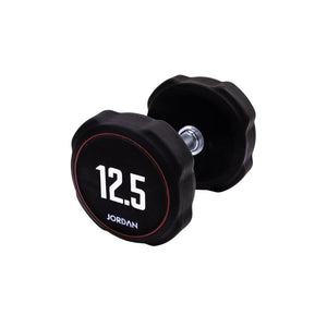 A single black JORDAN Ignite Urethane Dumbbell (1kg) with a silver handle and anti-roll design, branded "Jordan" on the round end, is shown against a white background, highlighting its commercial-grade quality.