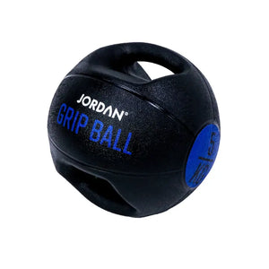The JORDAN Double-Grip Medicine Ball by Jordan features two handles, black color with red accents, labeled GRIP BALL and 10 KG—ideal for functional training, core conditioning, strength training, and fitness exercises.