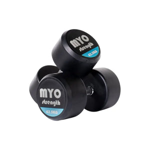 Two MYO Strength Rubber Dumbbells, each labeled 10 KG in black, white, and blue on the end, feature silver handles and a noise-reducing design. Durable and colour-coded, they are shown on a white background.