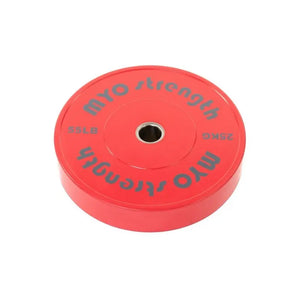 A green MYO Strength Coloured Rubber Bumper Plate (10kg/22lb) with purple text and a metal center hole, part of the Olympic Standard colour-coded range (2.5kg–25kg) by MYO Strength.