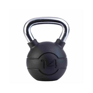 The Jordan Chrome/Rubber Kettlebells – 4kg to 24kg set features a black kettlebell with a chrome handle and "24" embossed on the front. Its durable rubber coating offers added protection, making it ideal for kettlebell enthusiasts. Plain white background.