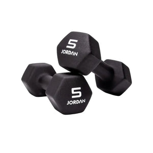 Two black JORDAN Neoprene Studio Dumbbells, each labeled "10 JORDAN" in white, rest on a white surface—stylish, colour-coded hex weights from Jordan for any home or studio gym setup.