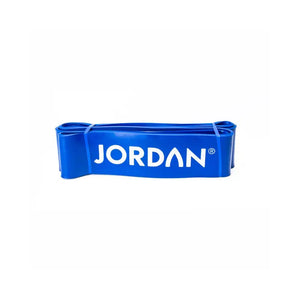 A flat blue JORDAN Power Band, coiled on a white background, features the brand name in white—perfect for strength, speed, and mobility training or pull-up assistance.