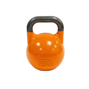 A pink 8kg JORDAN Competition Steel Kettlebell, BSI approved and colour-coded with a black handle and "JORDAN" plus "8KG" embossed on the front, isolated on a white background.