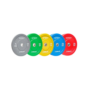 Five colorful weight plates with 'Spirit' branding on a white background