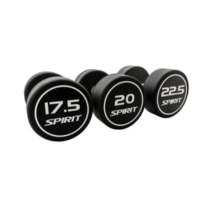 Three black dumbbells with various numbers and the "Spirit" logo on a white background