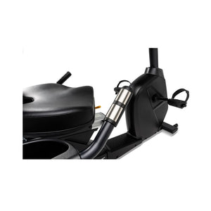 Close-up of a black and silver recumbent exercise bike on a white background