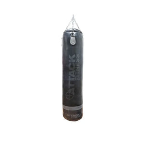 The Attack Fitness 5ft Heavy Duty Leather Punch Bag (70kg, Black/Graphite Grey) hangs from sturdy metal chains. Ideal for MMA and boxing training, it stands out against a plain white background with bold Attack Fitness branding.