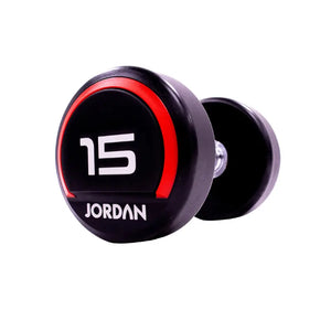 The JORDAN Premium Urethane Dumbbell, a commercial grade black dumbbell with red accents and a white "10" and "Jordan" logo on the end, is ideal for strength training and shown on a white background.